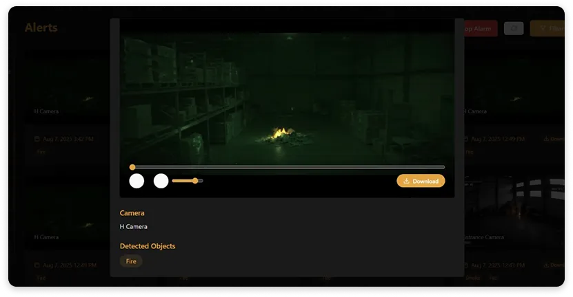 TentoVision AI fire alert dashboard showing night-time flame detection